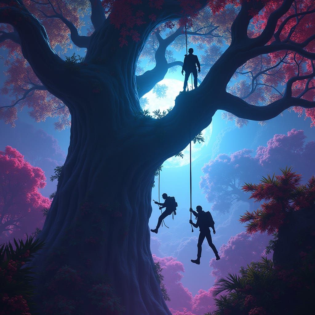 Men in Black Agents Descend Alien Jungle Tree in Vibrant, Gr...