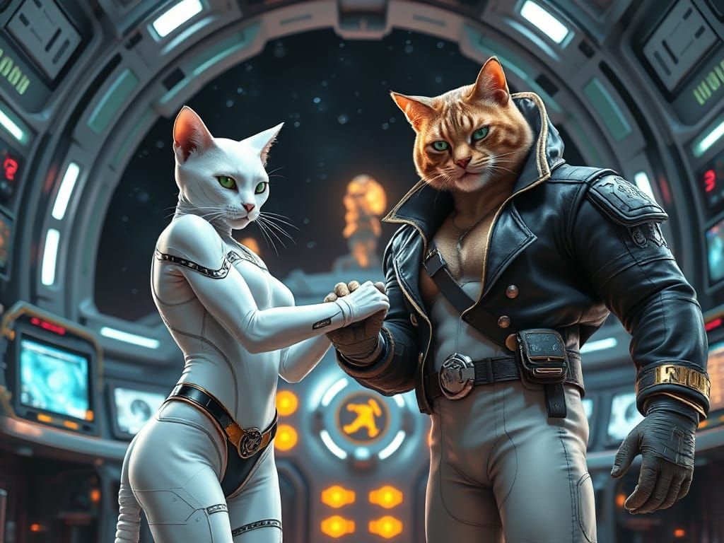 Galactic Feline Pirates Unite in a Futuristic Spaceport