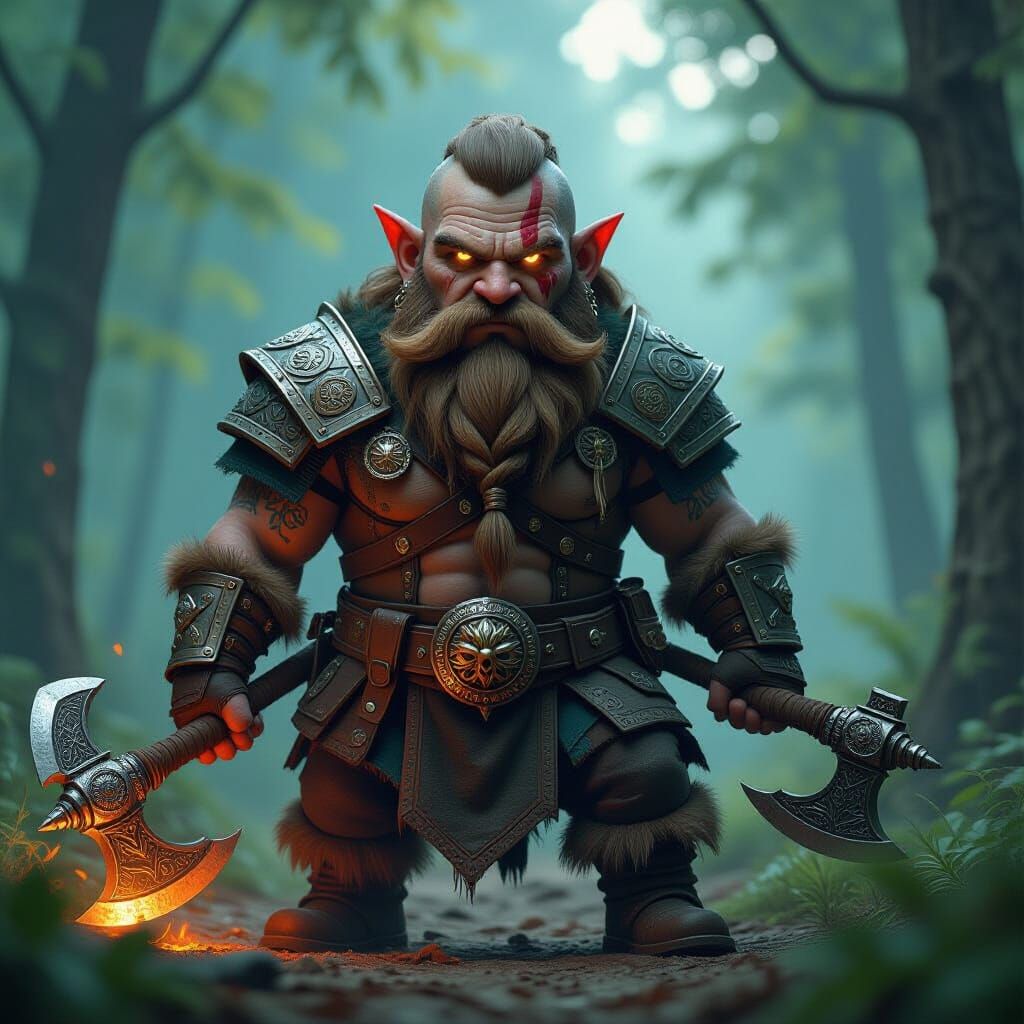 Dwarf Warrior with Runic Tattoos and Axe in Forest
