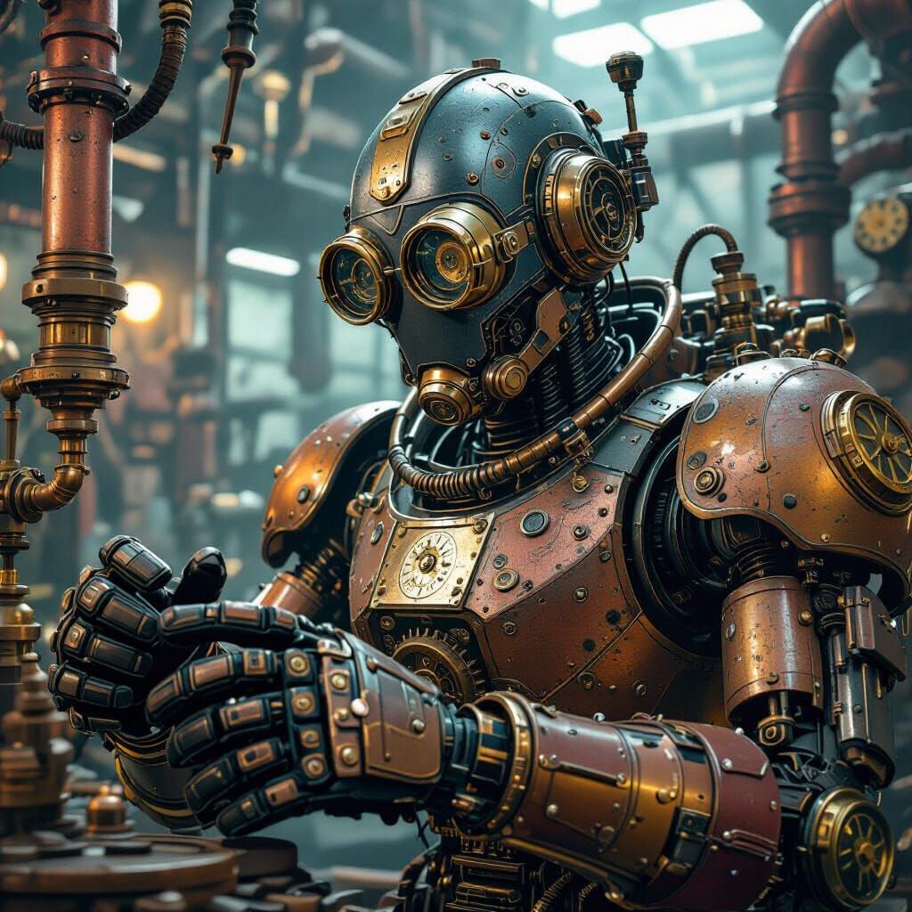 Steampunk Robot in Factory with Clockwork Machinery