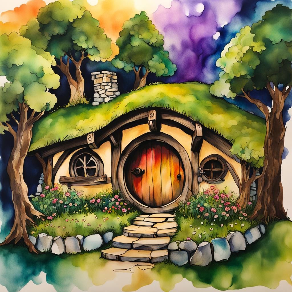 Charming Hobbit Hole in Alcohol Ink Style