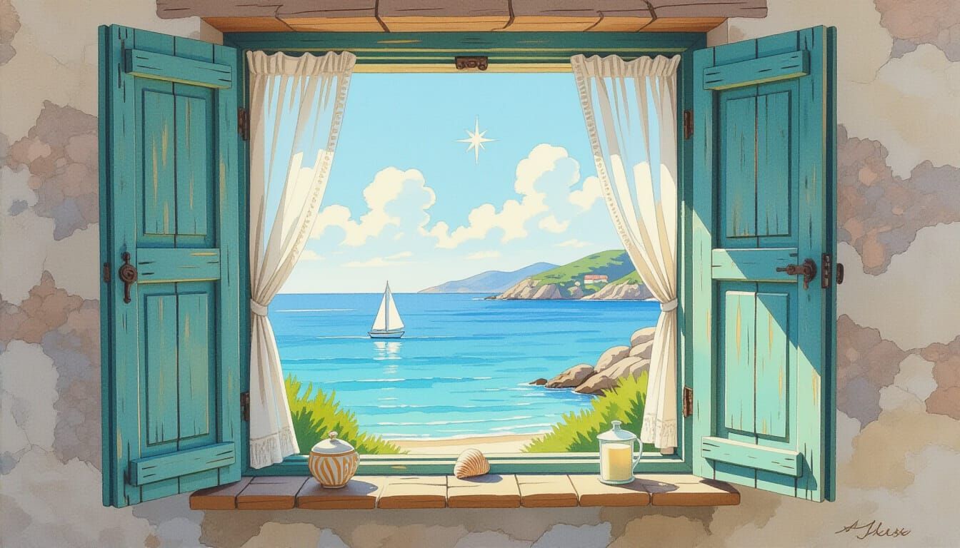 Seascape View Through Open Window in Oil Painting Style