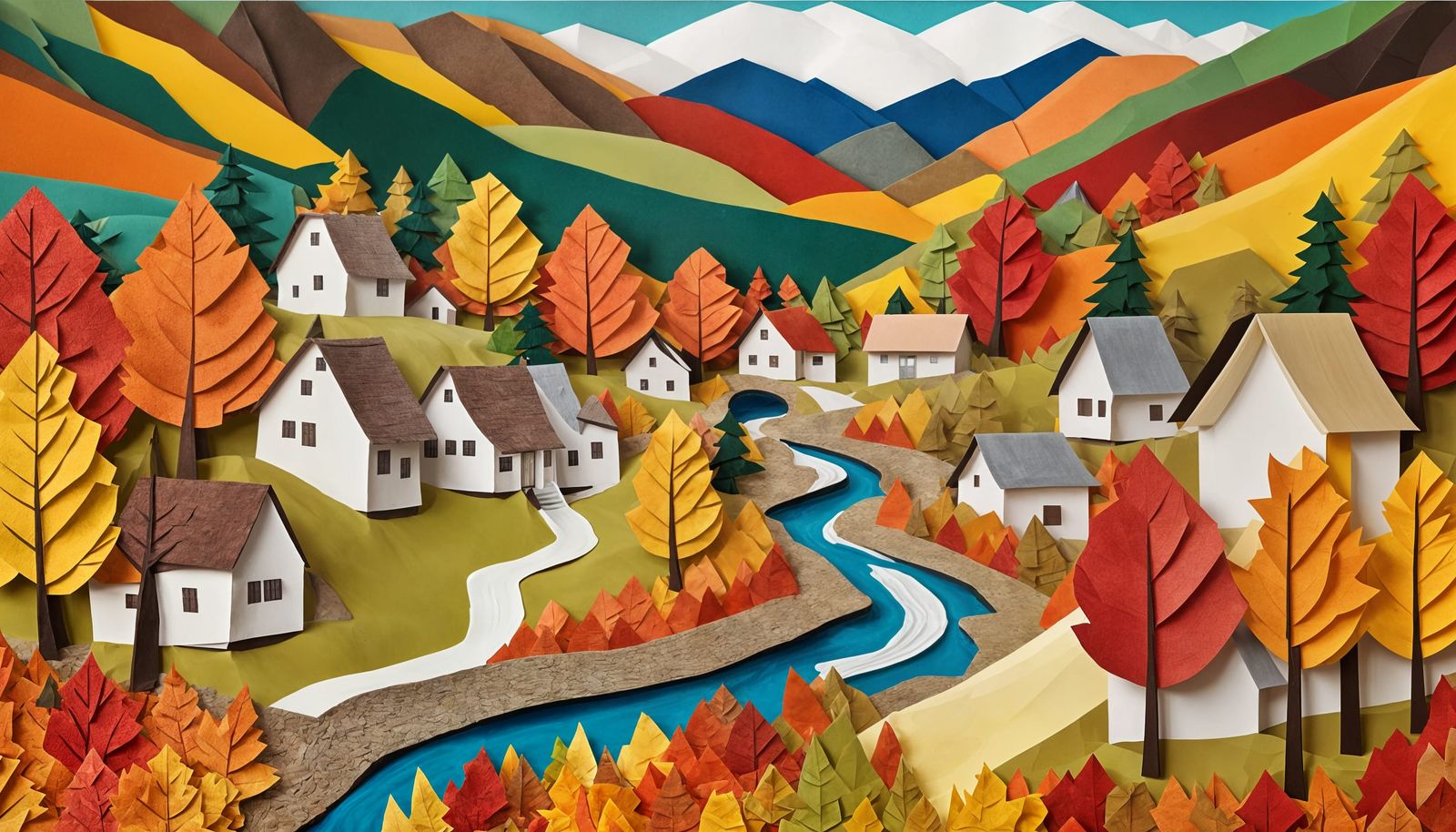 Autumn Mountain Village in Paper Collage Style