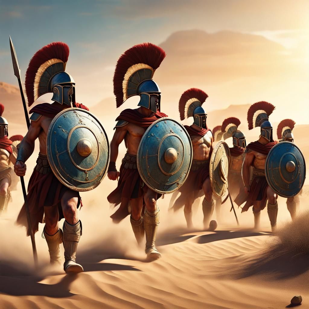 Ancient Greek Hoplites Marching in Desert Oasis