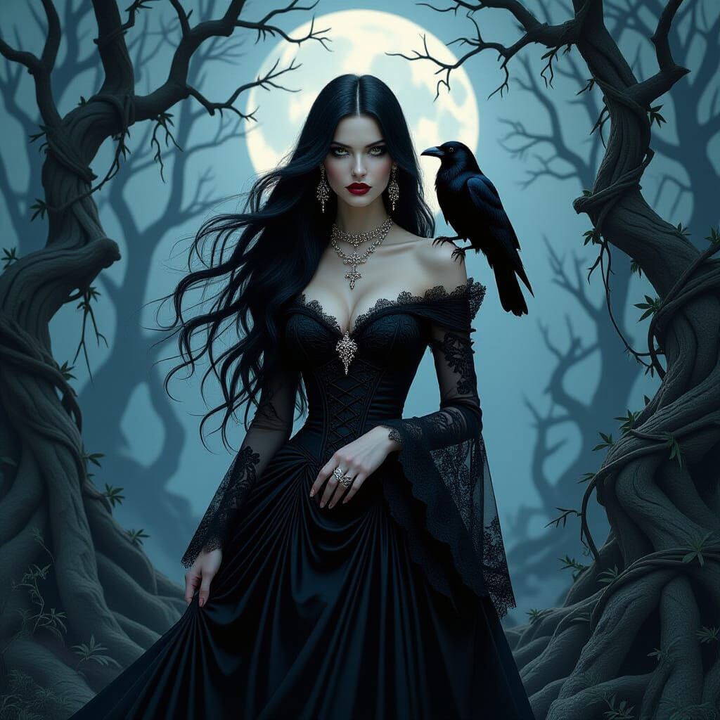 Gothic Woman in Forest, Surrealist Style