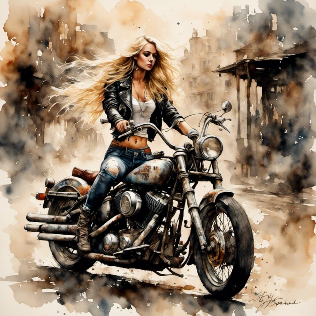 Vintage Watercolor Biker Chick on Harley