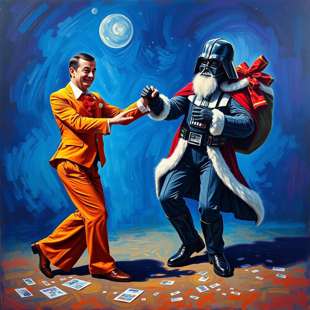 Dancing Comedians in Vibrant Surrealist Landscape