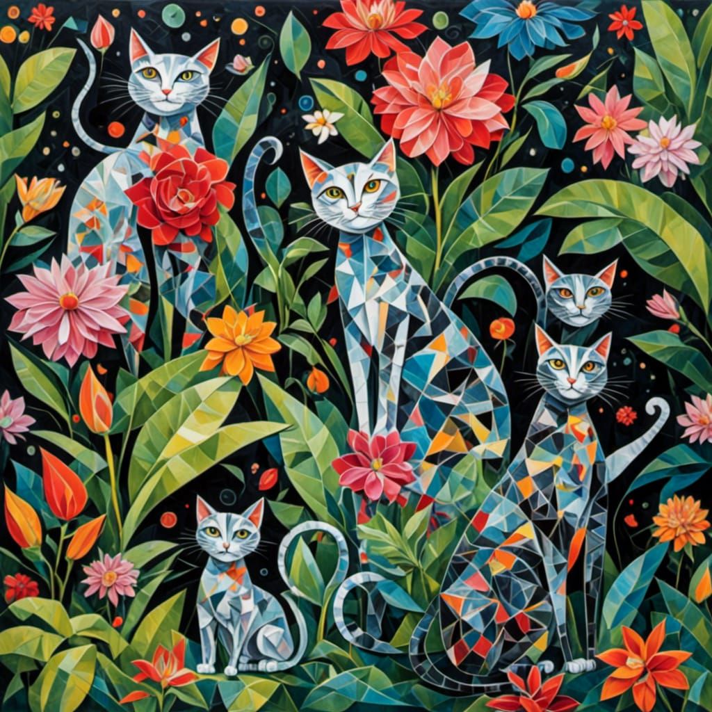 Whimsical Cubist Cats Dancing in Exotic Floral Garden