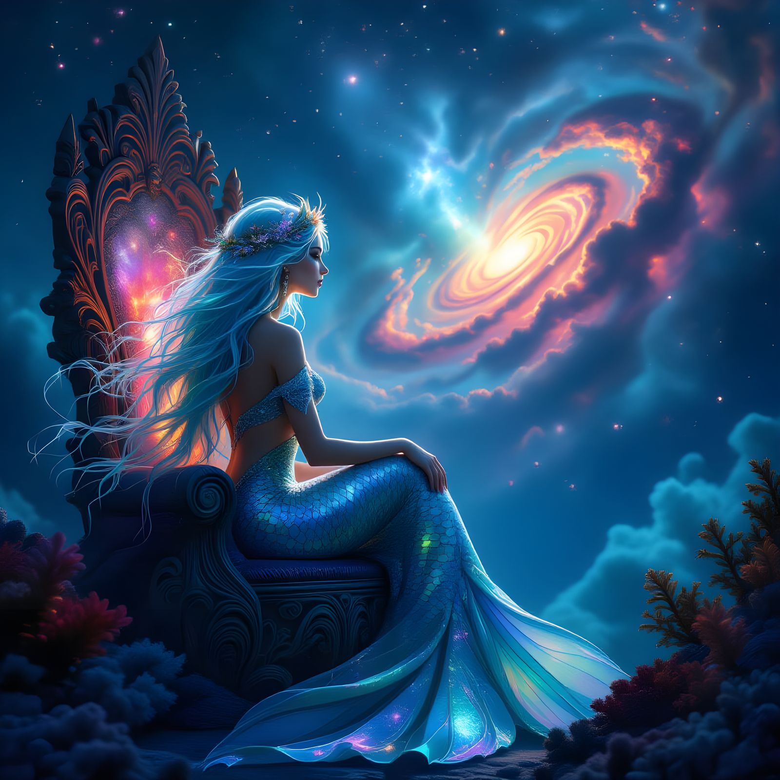 Nyx goddess of night, gazes out at a nebula swirling with co...