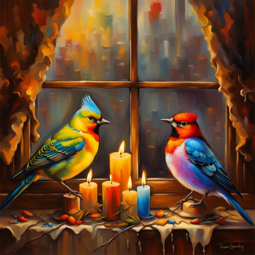 Glowing Feathers: The Enchanting Charms of Colorful Birds in a Candlelit Haven