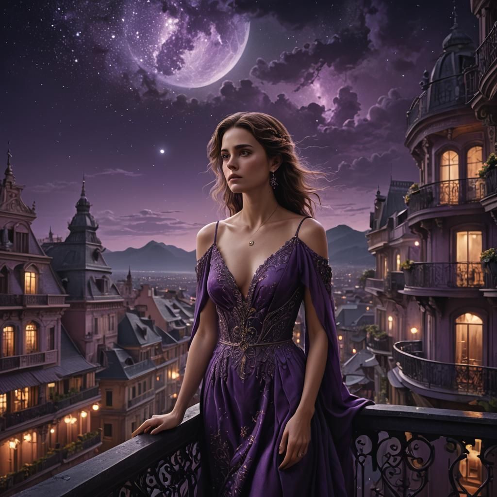 Woman in Purple Dress Under Night Sky