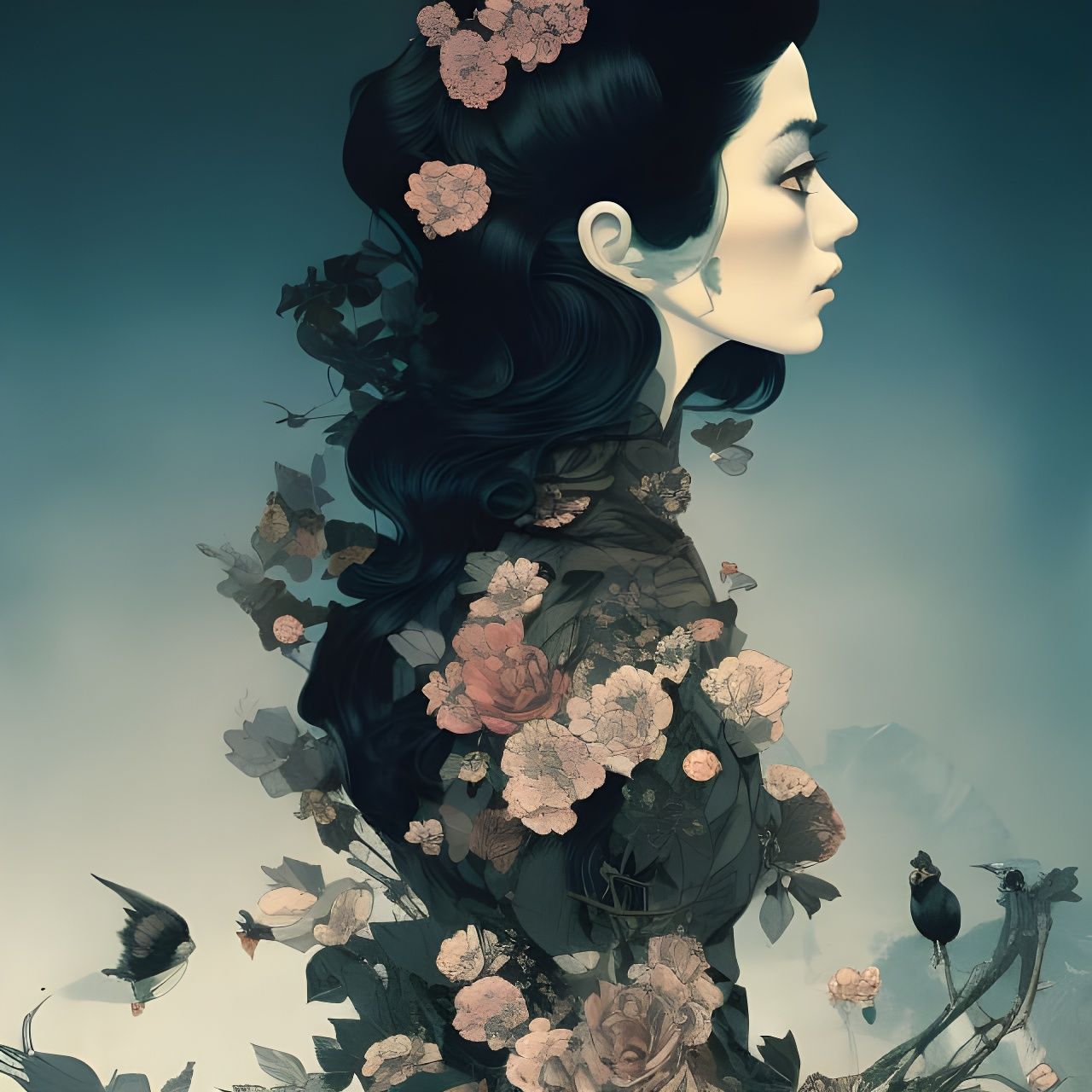 Gloomy Princess in Surreal Double Exposure Collage