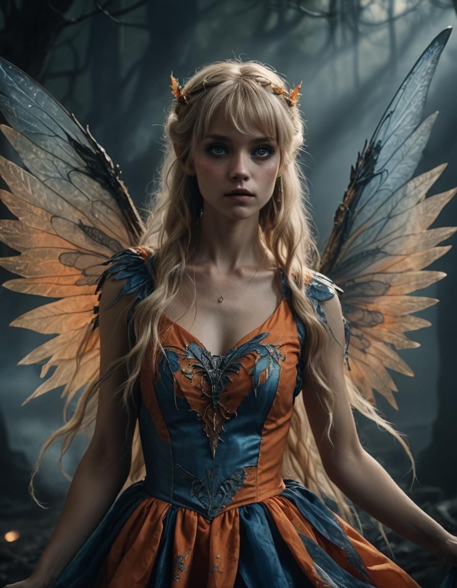 Eerie Fairy with Blue Wings in Dark Fantasy Style