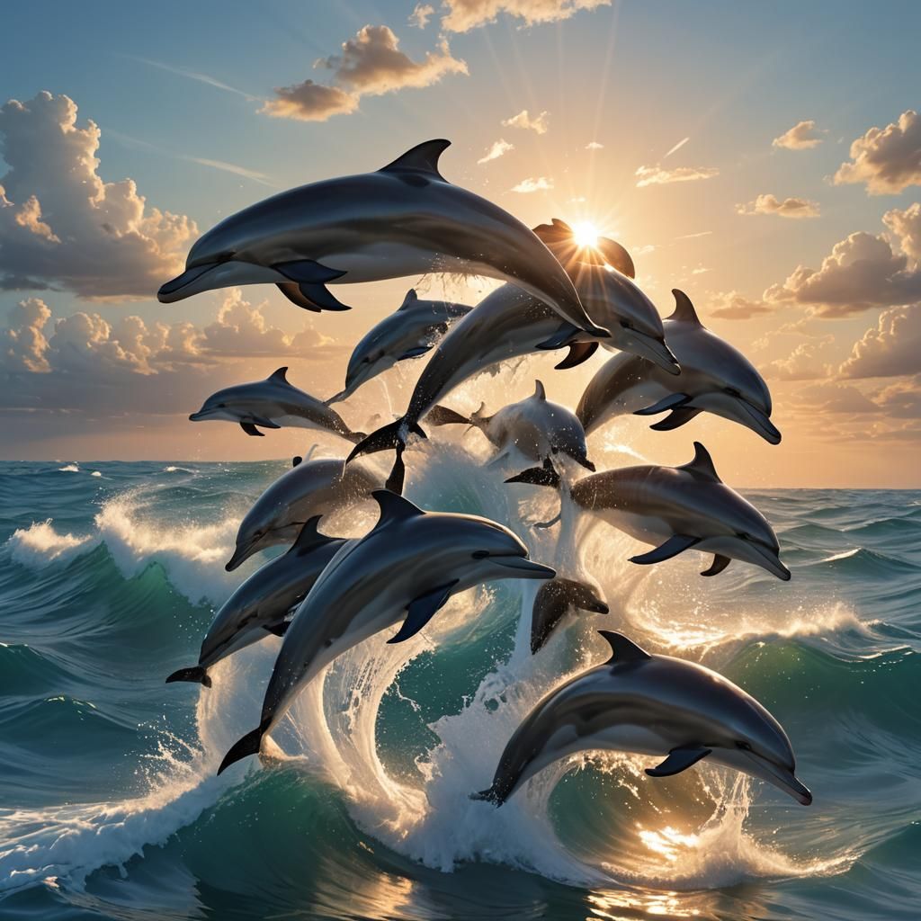 Dolphins Leaping in Sunlit Ocean: 3D Anime Art