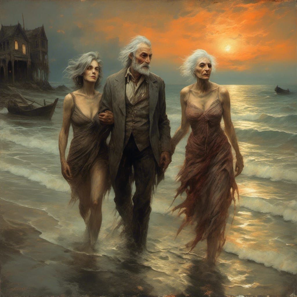 Seniors Walking on Beach at Sunset in Horror Style