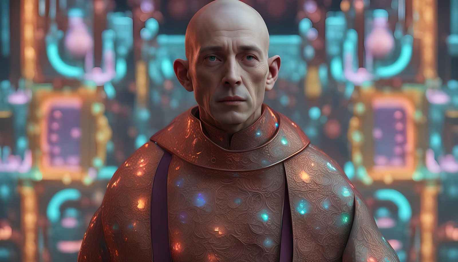 Holographic Monk Portrait in Biopunk Style