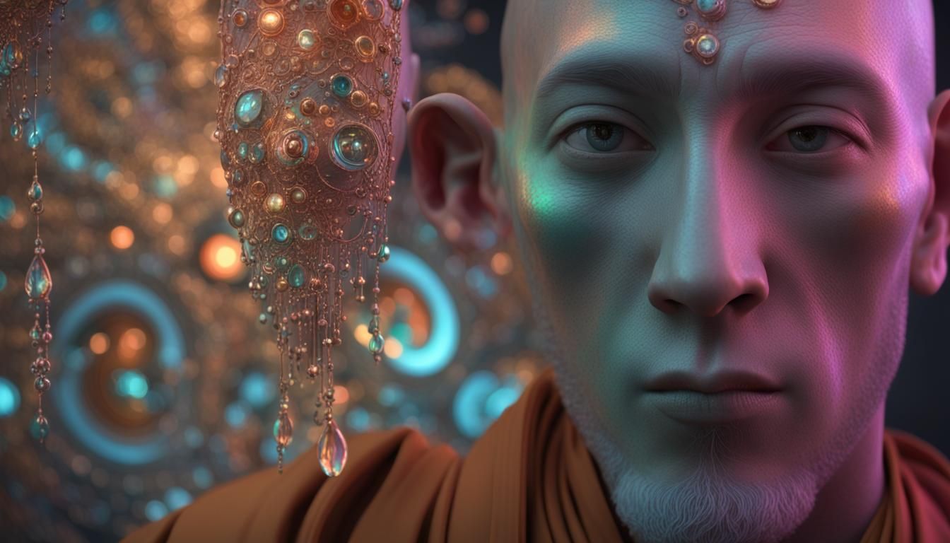 Holographic Monk Portrait in Biopunk Style