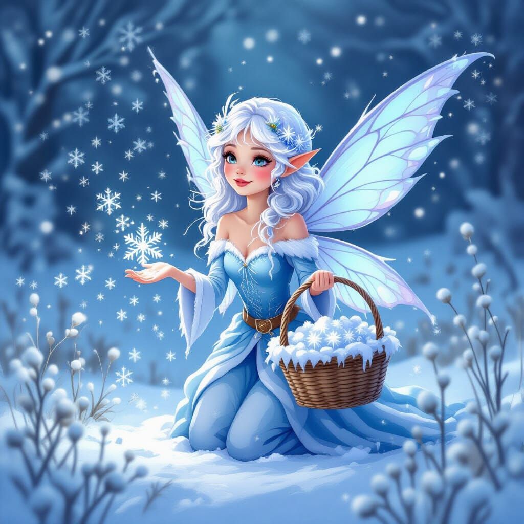 Magical Ice Pixie Scattering Snowflakes in Winter Field
