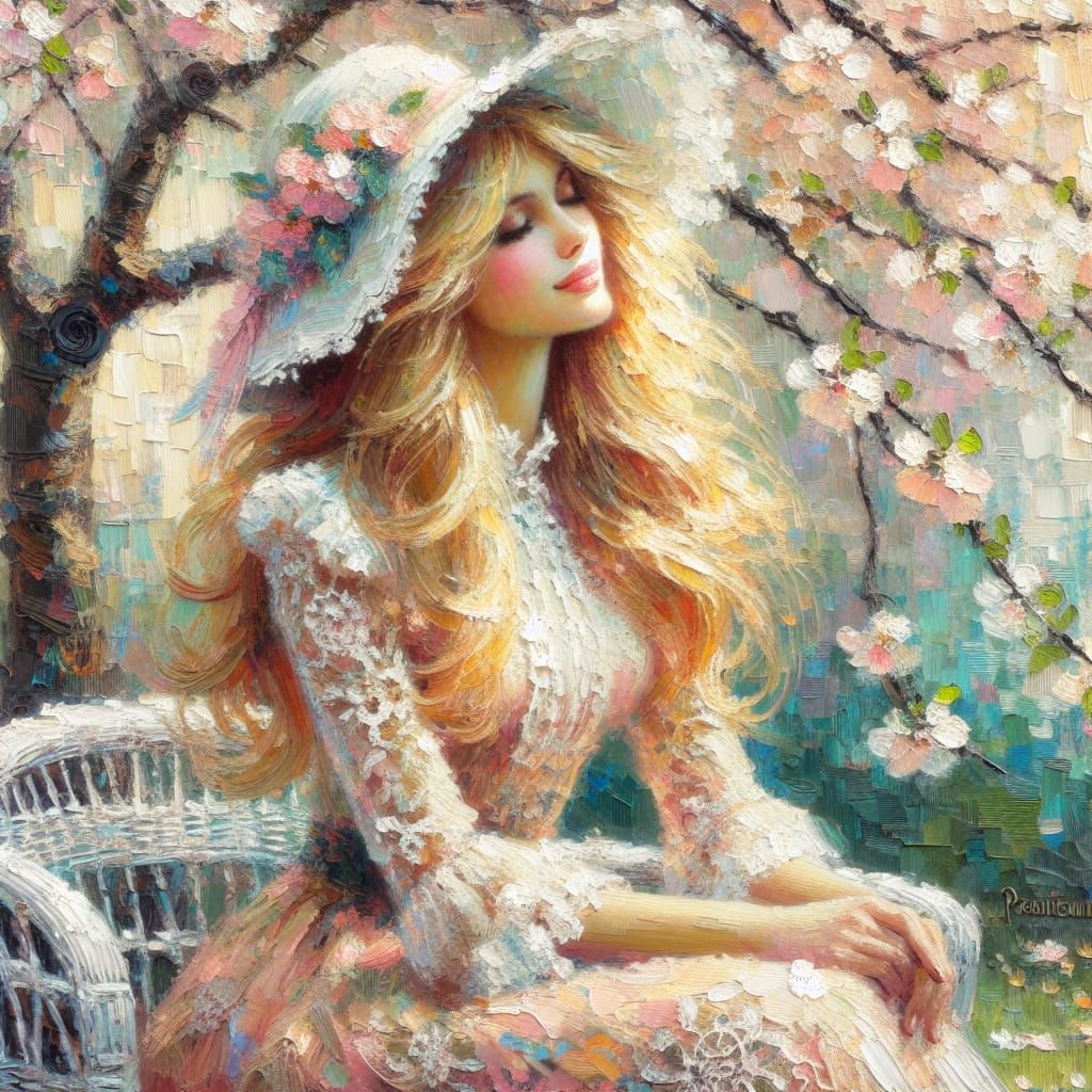 Radiant Woman Under Cherry Tree in Impasto Style