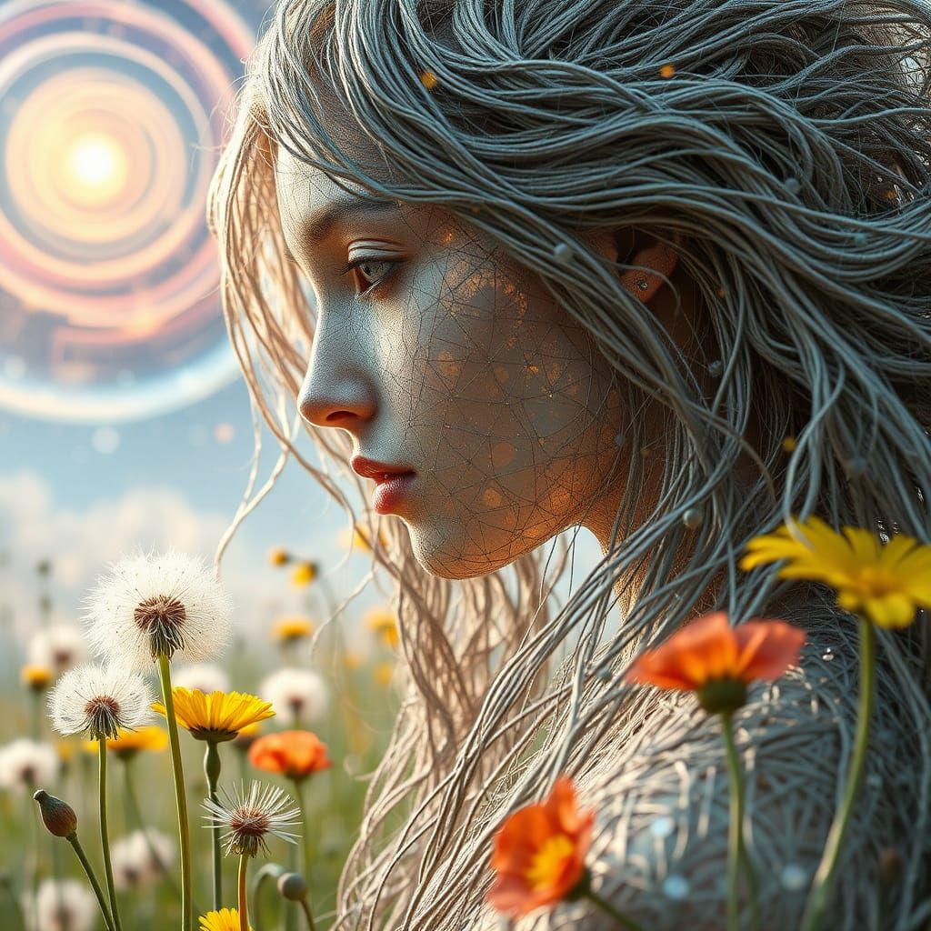 Ethereal String Woman Kissing Garden: A Bio-Art Portrait