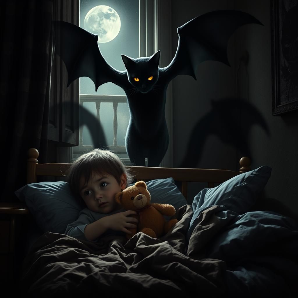 Terrified Child and Demonic Cat Shadow