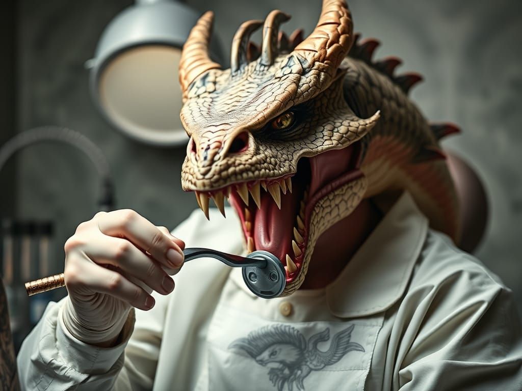 Evil Dentist cleaning cleaning a dragon's teeth