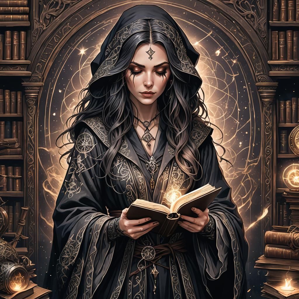Young Witch with Grimoire in Mystical Library