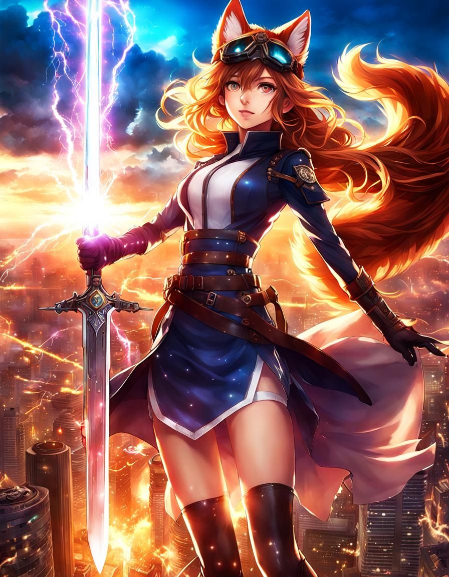 Fox Girl Spellcaster with Crystalline Sword in Anime Style
