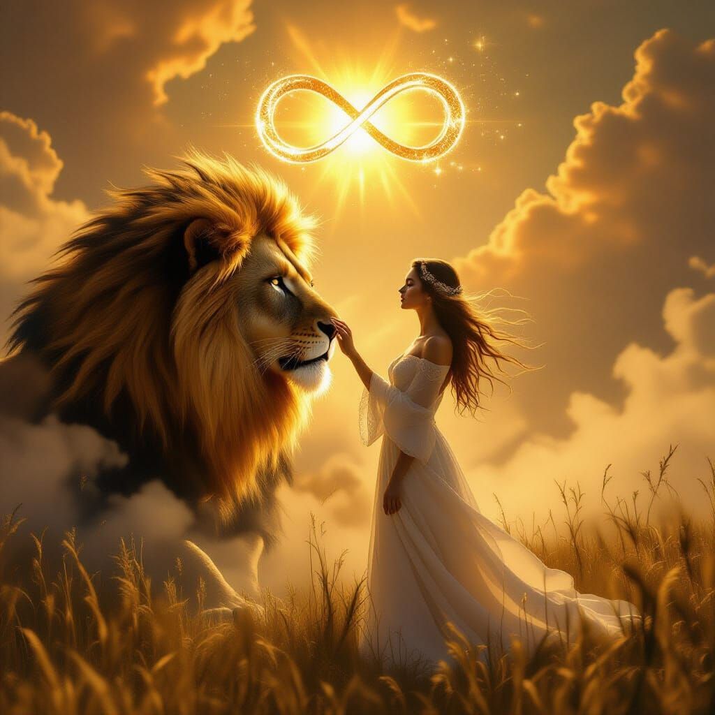Ethereal Woman and Fiery Lion in Cosmic Mist