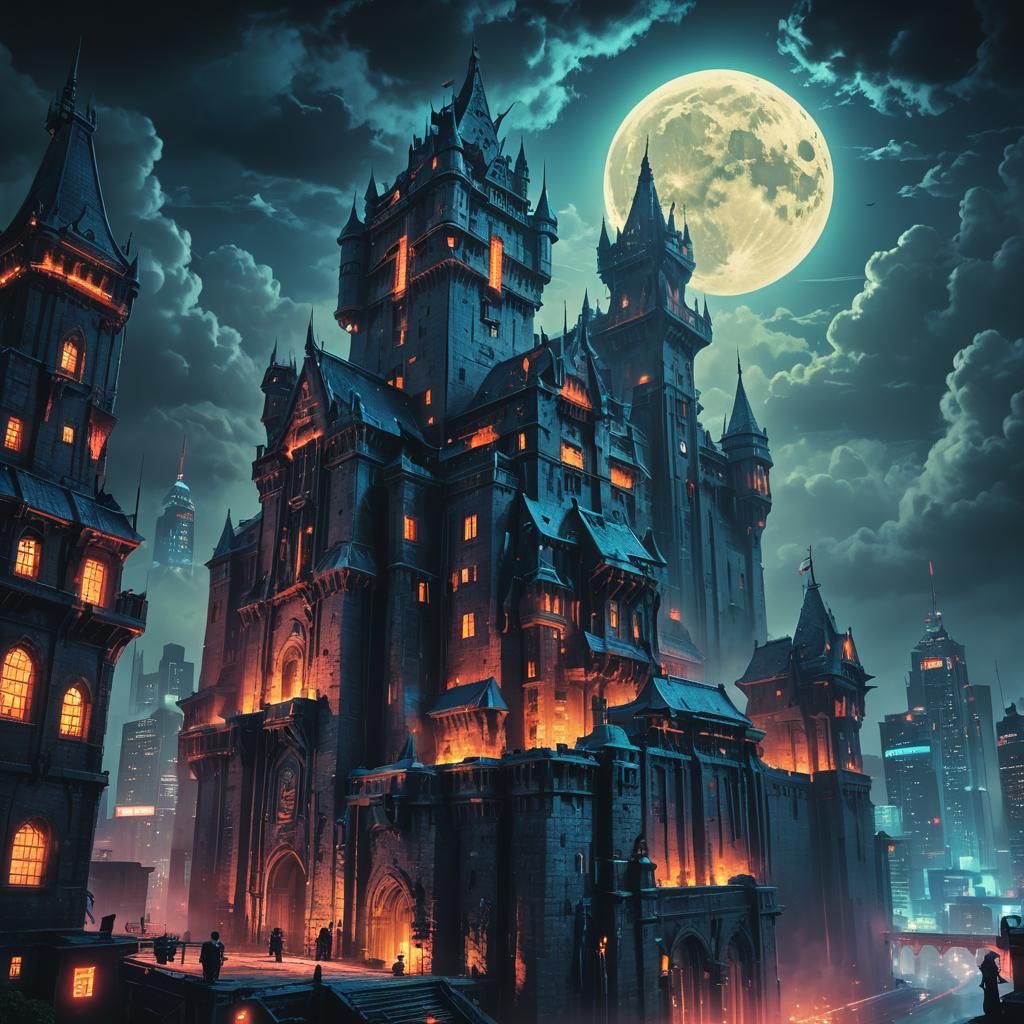 Cyberpunk Skyscraper Castle with Glowing Gargoyles