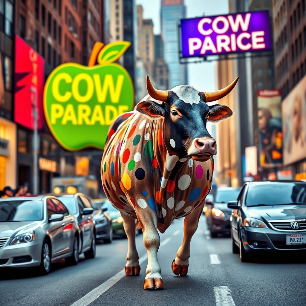Polka Dot Cow in New York: Hyperrealistic Splash Art