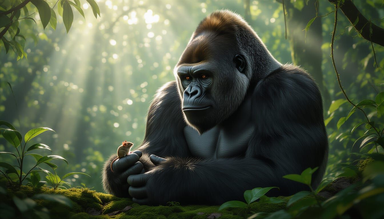 Gorilla and Mouse in Rainforest Dawn