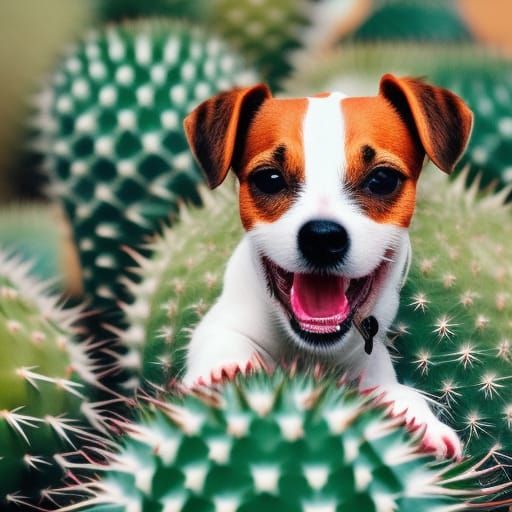 Jack Russell Terrier and Cactus: Hyperrealistic Close-Up