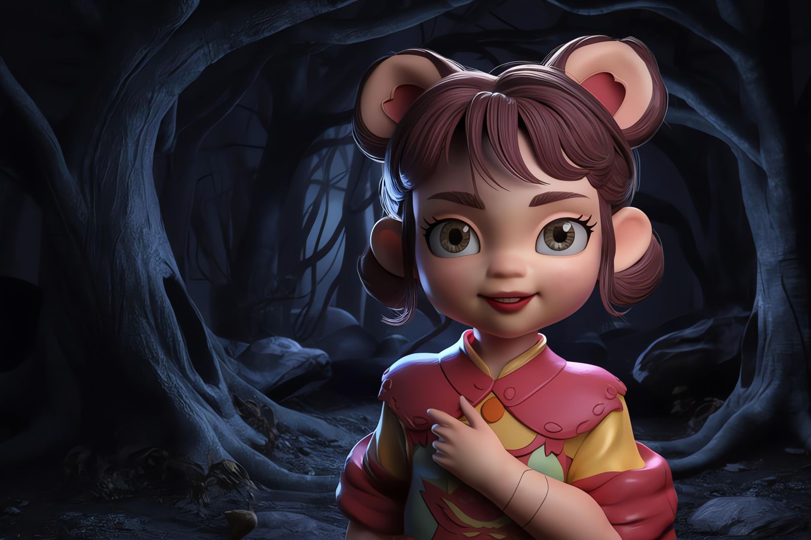 Chibi Anime Girl in Spooky Forest: 3D Digital Rendering