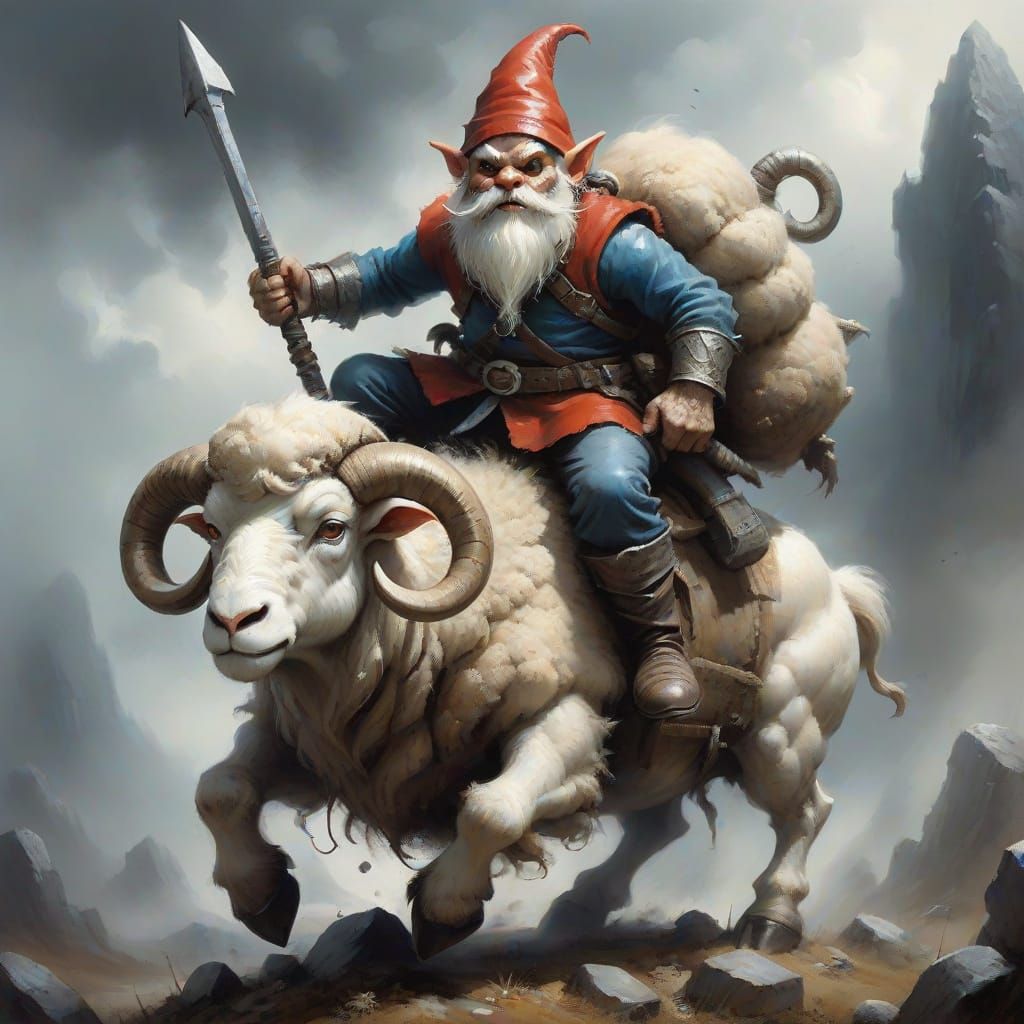Tiny Gnome Warrior Riding Woolly Ram in Stephen Gammell Styl...