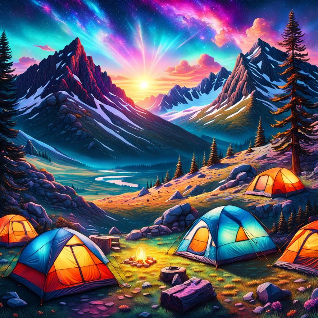 Montana Campsite at Sunset: Holographic Astral Illustration