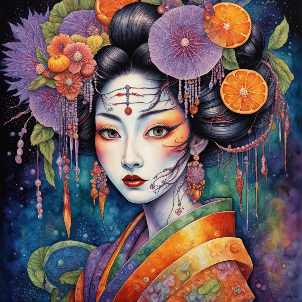 Surreal Modern Japanese Geisha Portrait in Triadic Colors