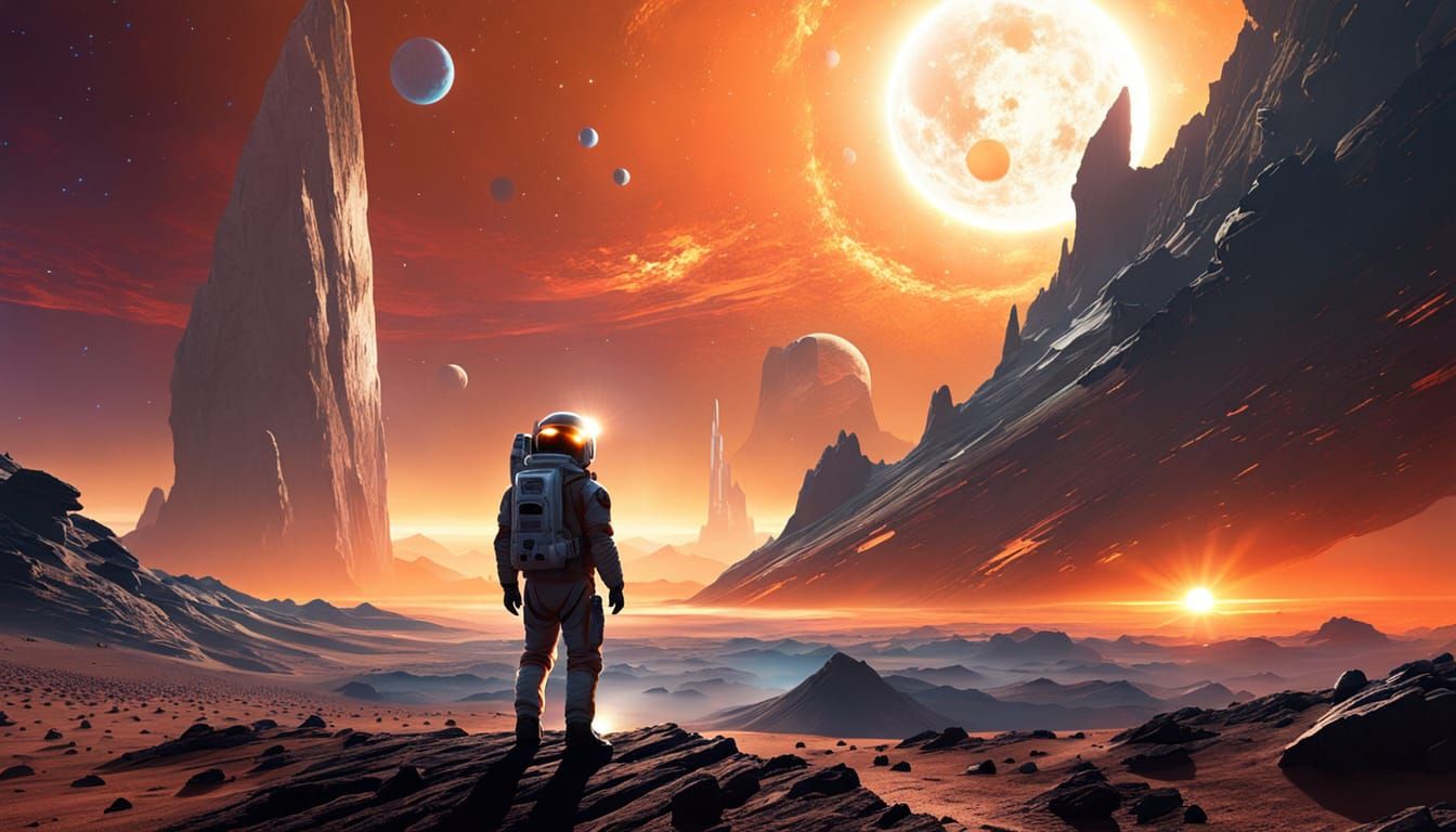 Astronaut Explores Alien Planet Under Binary Sunset