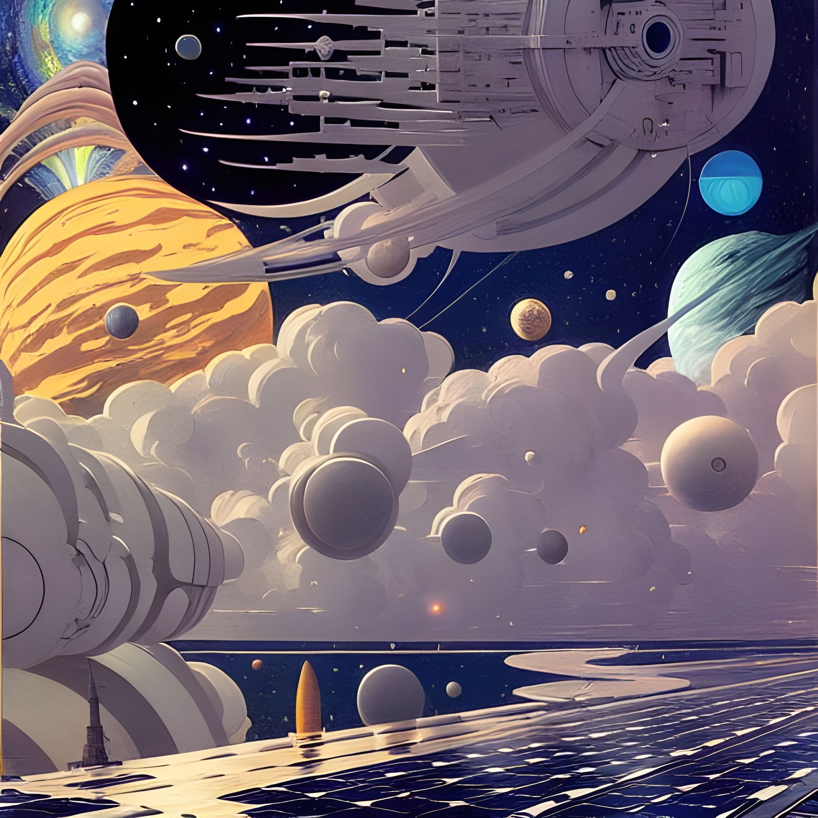 Surreal Space Ships in Celestial Landscape
