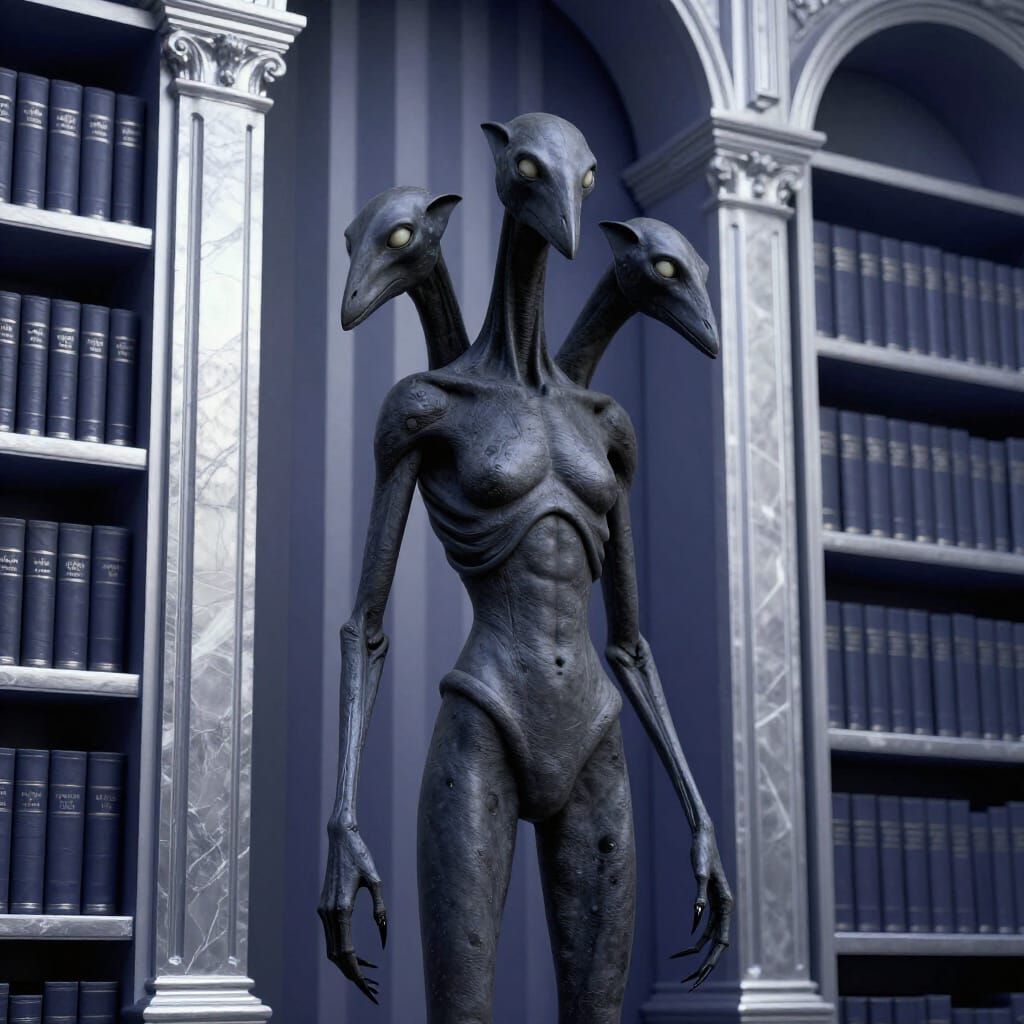 Three-Headed Humanoid in Indigo Silver Library