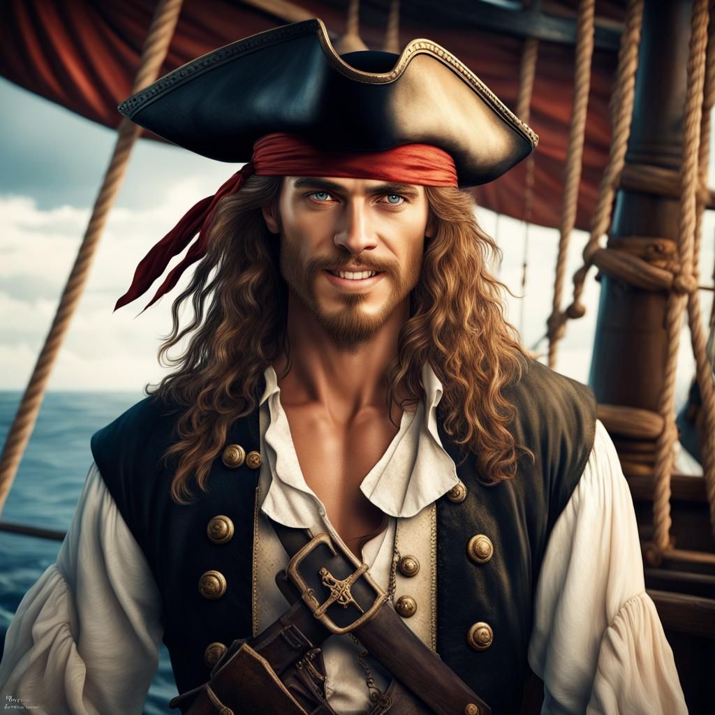 Smiling Pirate Portrait on Ship in Digital Painting