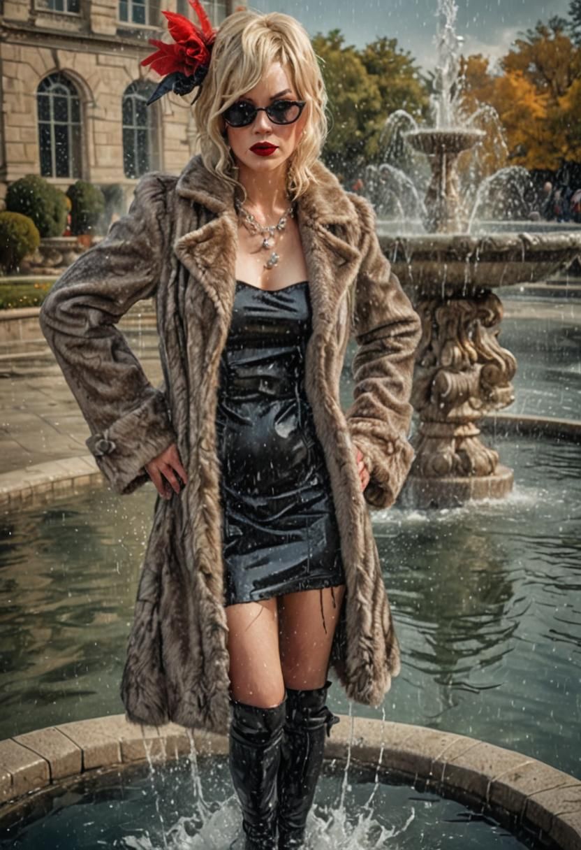 Glamorous Woman in Fountain, Wet Fur Coat