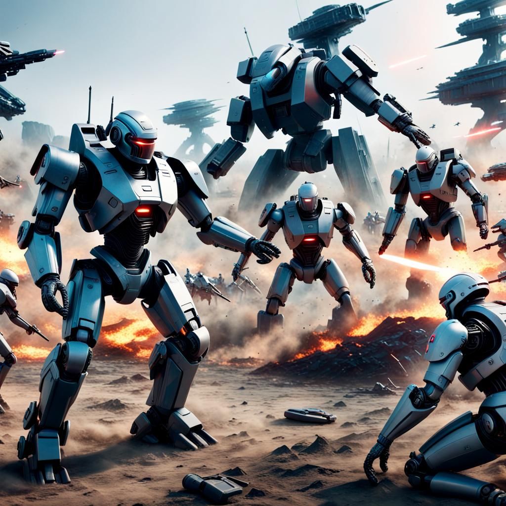 Hyperrealistic Futuristic Battlefield with Robots and Humans
