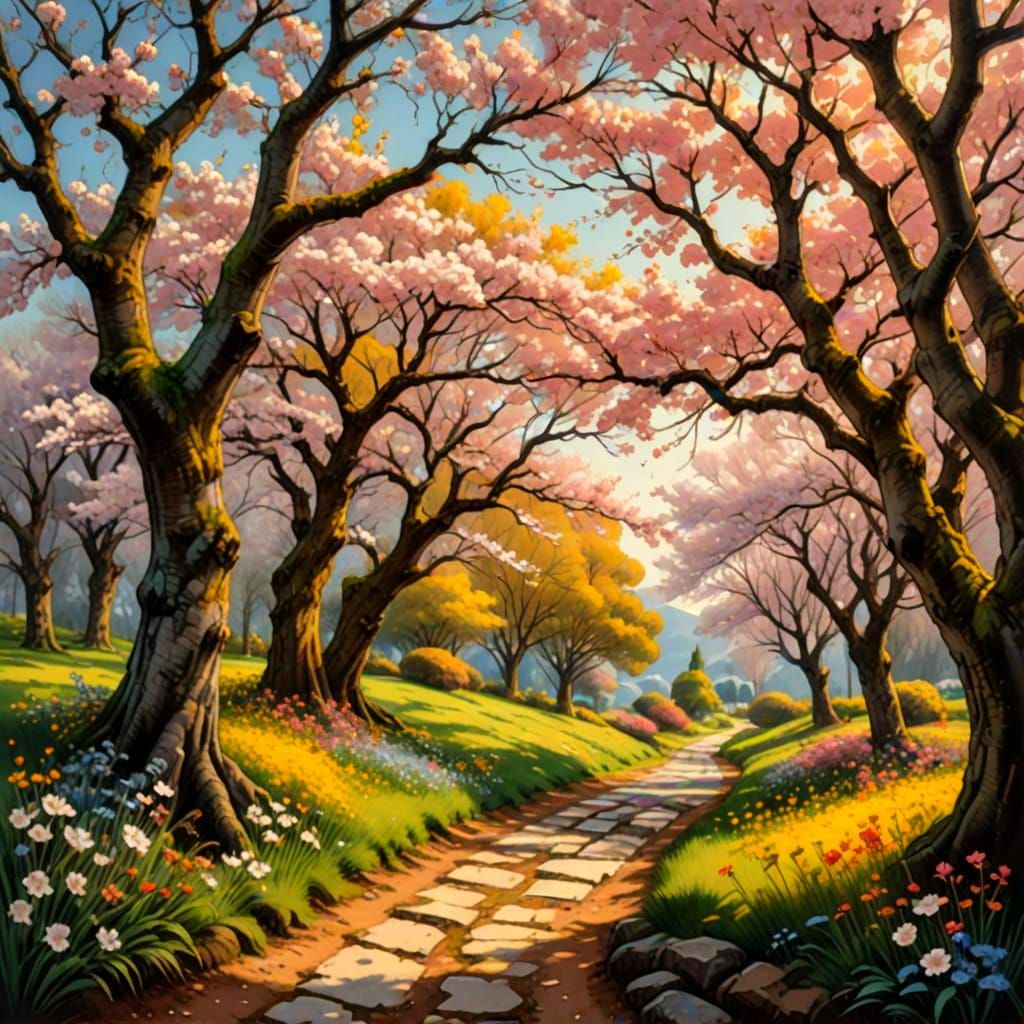 Vibrant Spring Countryside with Cherry Blossom Trees