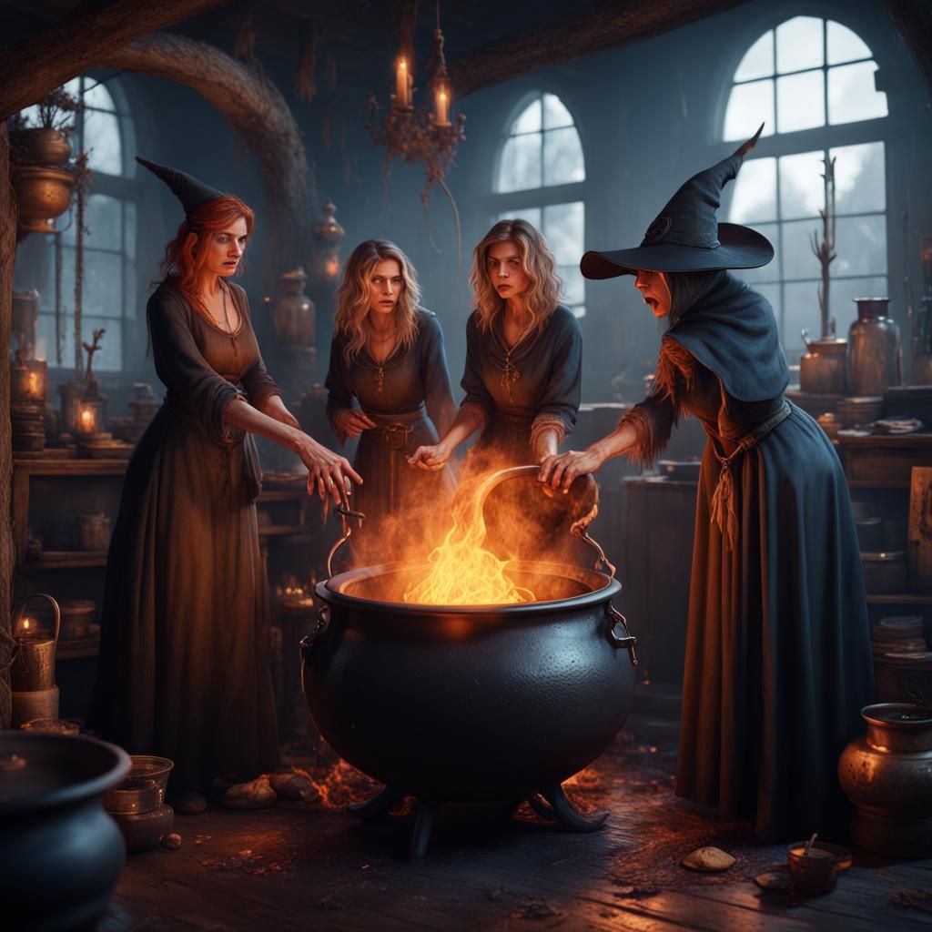 Witches Around a Cauldron: Detailed Fantasy Art