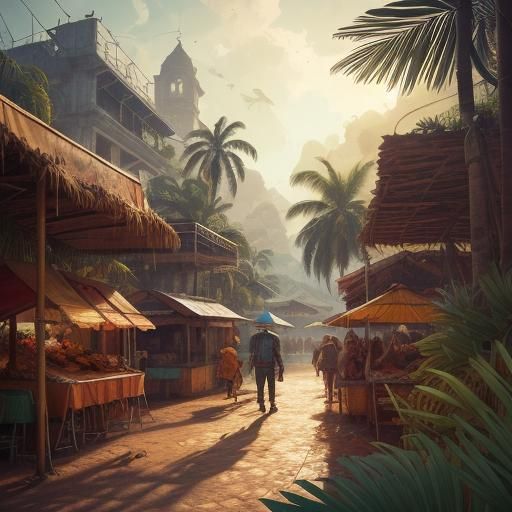 Vibrant Cuban Street Food Market in Matte Painting Style