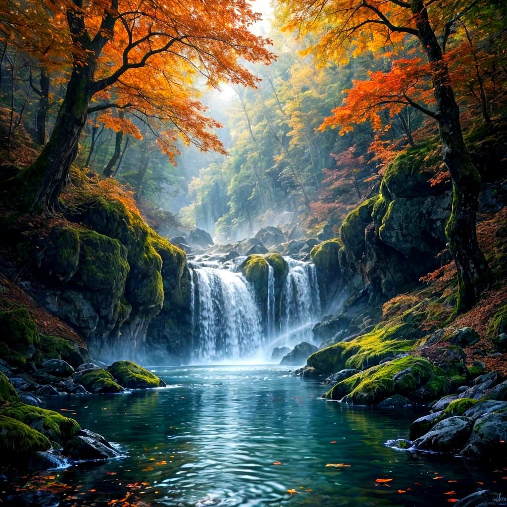 Enchanted Autumn Waterfall in Digital Painting Style