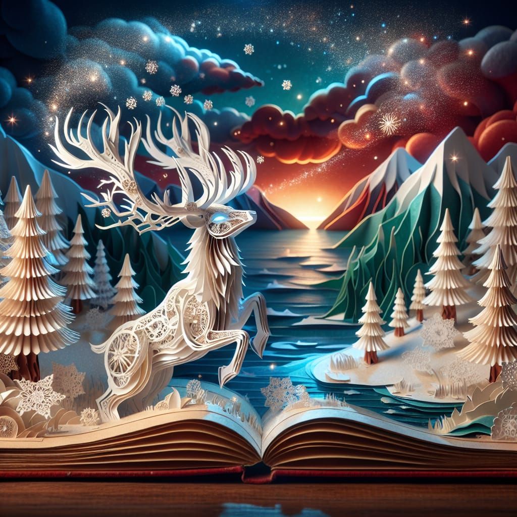 Majestic White Stag in Antique Pop-Up Book