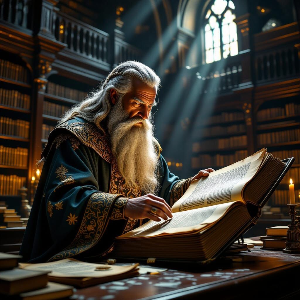 Ancient Librarian Restoring Cosmic Tome: Brom Style