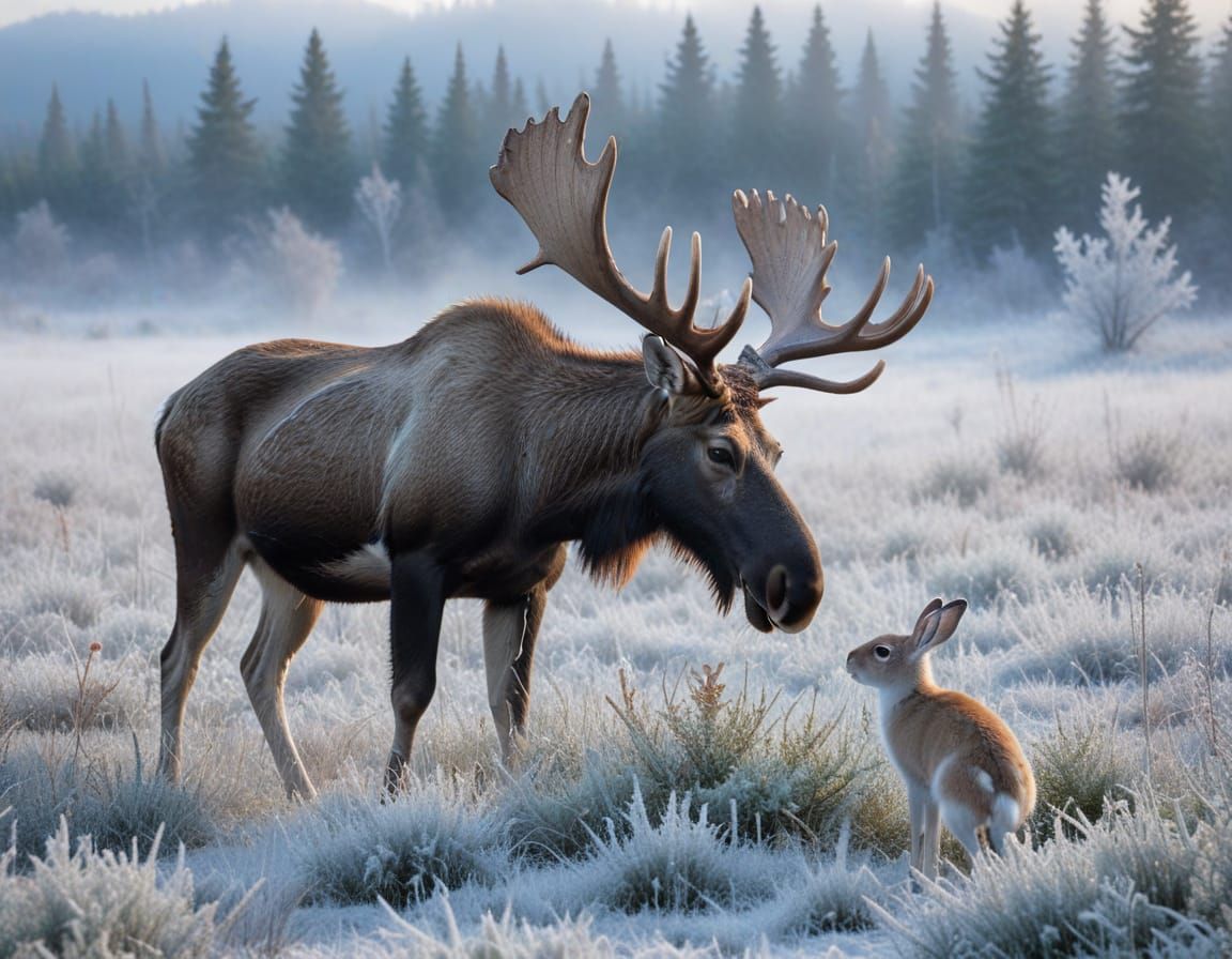 Moose and Hare in Frosty Misty Meadow
